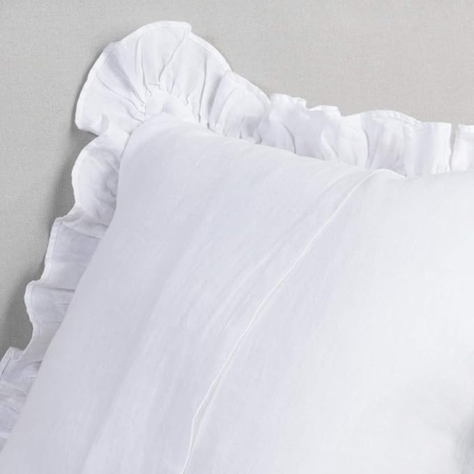 100% French Linen Throw Pillow Covers - Set of 2 - Washed Flax Decorative Ruffled Square Cushion Cover Solid Color Soft Breathable - White, 18'' x 18''