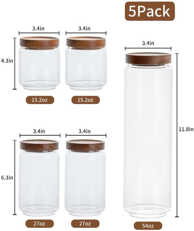 Kanwone Airtight Food Storage Containers with Bamboo lids set of 5, Stackable Food Storage Containers, Glass Canisters for Pantry, kitchen, Flour, Sugar, Tea, Coffee, Pasta, Cookies, Rice and Spice