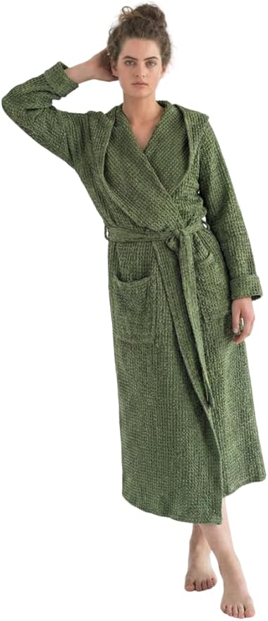 Magic Linen - Unisex Waffle Bathrobe, Hooded Linen-cotton Blend Bath Robe, Lightweight Robe for Women and Men