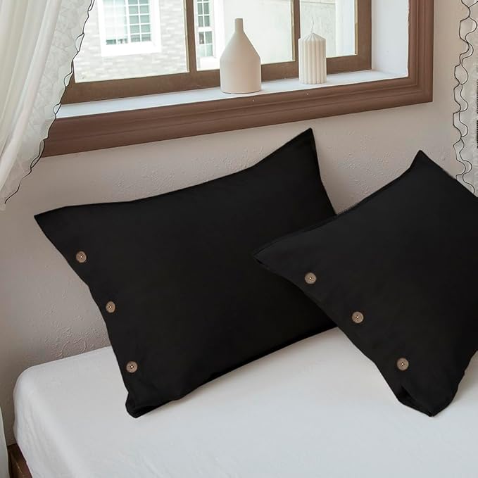EVERLY 100% Linen Pillowcases Set of 2, French Linen from Normandy, 20X30Inch Queen Size, Natural Color, Coconut Buttons Closure, Flax Pillowshams-Pillowcase-Black