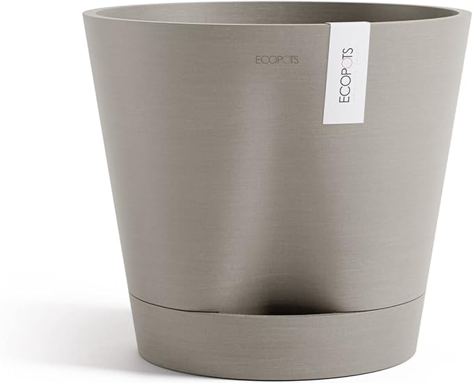 Ecopots Venice 2 Durable Modern Round Indoor/Outdoor Recycled-Based Composite Flower Pot Planter w/Water Reservoir, Taupe, 12"