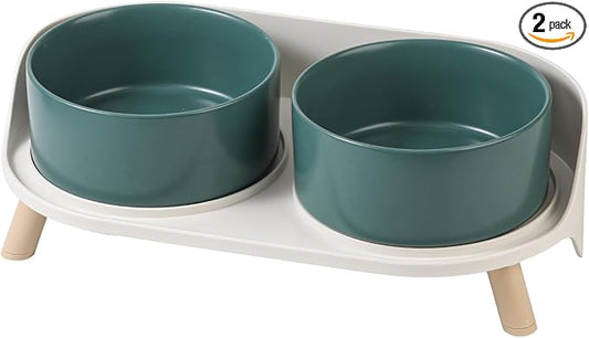 Elevated Ceramic Dog Bowl Set - Double Dog Feeding Bowls with Stand Splash Proof - Raised Dishes for Food and Water - Ideal for Small to Medium Dogs - 2 x 720 ml - 11.3 oz - Green