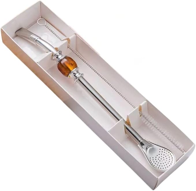 Premium Stainless Steel Bombilla with Cleaning Brush – Reusable Yerba Mate Straw with Filter Spoon – Elegant Gift Box Set (White)
