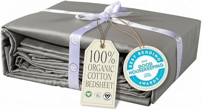 Delilah Home 100% Organic Cotton Twin Bed Sheet Set, GOTS & Vegan.org Verified, Long Stem 300 TC Sateen Bedding, Non-Synthetic, Deep Pocket Fitted Linen, Lightweight, All-Season, 3 Piece Set - Grey