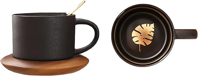 Ceramic Coffee and Tea Cup with Natural Acacia Wood Saucer (8 Oz), Best for Latte, Cappuccino, Tea or Espresso. Unglazed Porcelain Arty Mug (Palm leaf（Black）)