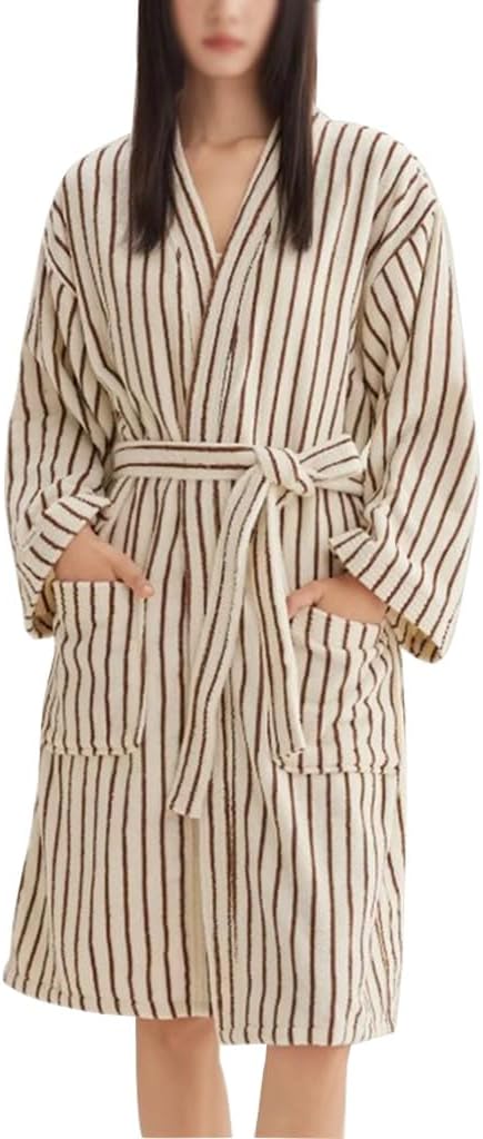 Cotton Terry Stripe Bathrobe For Women And Men,Luxury Kimono Soft Terry Cloth Robe,Comfortable Loungewear Nightwear