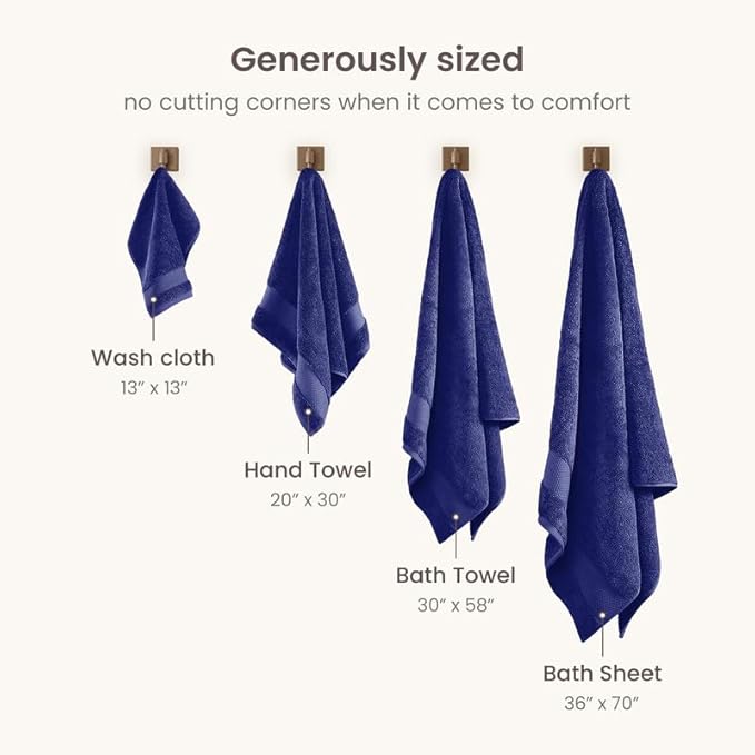BIOWEAVES 100% Organic Cotton Bath Towel Set | 700 GSM Plush 6-Piece Premium Towel Set GOTS Certified, 2 Bath Towels, 2 Hand Towels & 2 Washcloths - Navy Blue