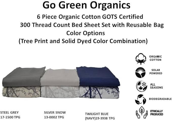 Organic Cotton Long Staple Silky Soft Single Pick Sateen Bed Sheet Set - Luxurious & Premium Hotel Quality - GOTS Certified - Printed & Dyed Combination - Deep Pocket - Easy Care - Queen