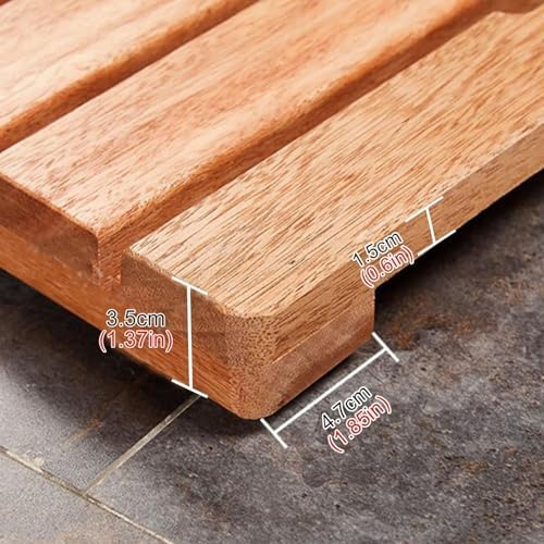 Teak Shower Mat Foldable Luxury Wooden Non-Slip Wood Bath Mat for Bathroom Bathtub Indoor Outdoor,Customizable Teak Wood Shower Floor Mat - 20 to 44 Inch Anti-Slip Bath Mat with Center Drain