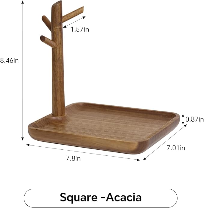 Solid Acacia Wood Key Tray and Bowl for Entryway Table - Jewelry Tray With 3 Hooks, Open Storage for Wallet, Glasses, Watches, Lipstick (Acacia, Square)