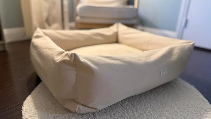 Rectangular Natural Cotton Canvas Dog Bed with Raw Cotton Insert – Eco Friendly Pet Bed with Removable Washable Cover, Breathable Cushion for Dogs & Cats (Natural, Small 24" × 18" × 6")