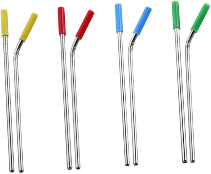 304 Stainless Steel Reusable Drinking Straws Set 8pcs Curved and Straight Straws with Food-Grade Silicone Tips Includes Cleaning Brush for Smoothies and Bubble Tea