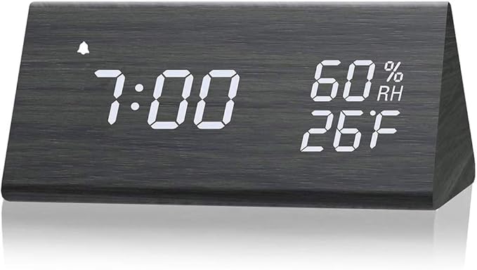 Digital Alarm Clock, Wooden Alarm Clock with Electronic LED Time Display, Humidity & Temperature Detect 3 Alarm Settings 3 Level Brightness Electric Clock for Bedroom Bedside Desk (Black wood)