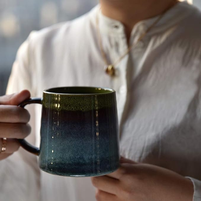 Large Ceramic Coffee Mug, Pottery Mug,Tea Cup for Office and Home,Handmade Pottery Coffee Mugs,16.5 Oz,Dishwasher and Microwave Safe,kiln altered glaze craft (Green)