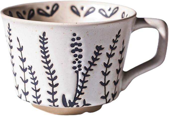 Handmade 12oz Coffee Mugs, Ceramic Coffee Mugs with Leaves Patterns for Man, Woman Modern Coffee Mug for Latte Cappuccino Cocoa, Dishwasher Microwave Safe, Stoneware Cup, Special Gifts, Lavender