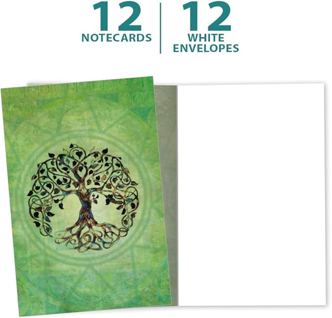 Tree-Free Greetings Tree of Life All Occasion Cards - 12 Recycled 4x6 Notecards & White Envelopes, Thick Cardstock, Sustainably Made in USA - Green New Age Art