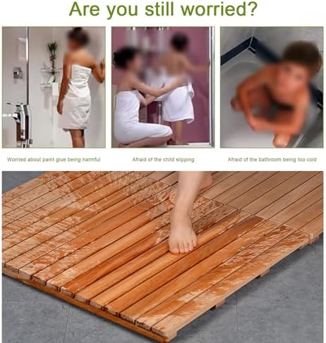 Non-Slip Wood Bath Mat,Non Slip Bamboo Bath Mat Wooden Mat for Bathroom and Kitchen Water Resistant Shower Mat Rectangular Design (30x85cm/12x...