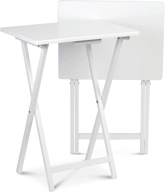 PJ Wood 2 Piece Set, Multifunctional Solid Wood TV Snack Tray Tables for Indoor Use, White