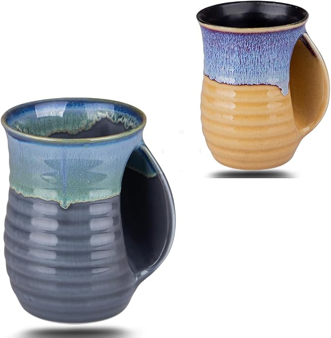 Hand Warmer Mugs Set of 2,16 Ounce Large Hand Warming Mugs Ceramic Gift for Christmas with Contoured Pocket, Keep Your Fingers Warmth(Grey and Purple)