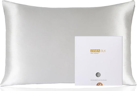 ZIMASILK 100% Pure Mulberry Silk Pillowcase for Hair and Skin Health,Soft and Smooth,Both Sides Premium Grade 6A Silk,600 Thread Count,with Hidden Zipper,1pc (King 20''x36'',Light Grey)