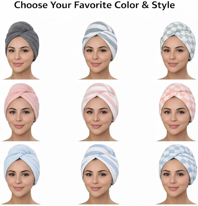 KELVO Microfiber Hair Towel Wrap for Women-Pack of 3, 350 GSM Super Absorbent Quick Dry Hair Turban Anti-Frizz Head Wrap for Curly, Long & Thick Hair Soft Hair Drying Towel (Checkered, Mixed Color)