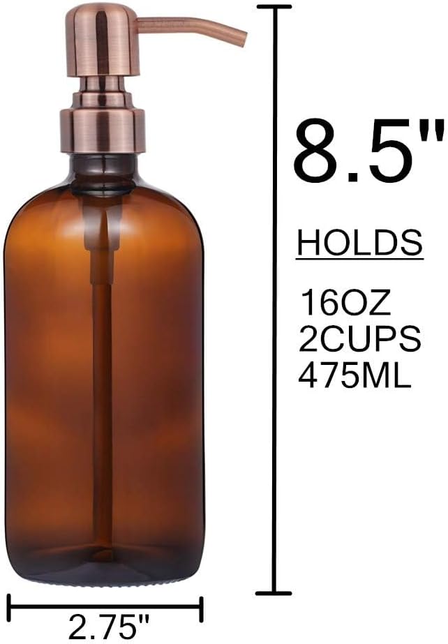 2 Pack Thick Amber Glass Pint Jar Soap Dispenser with Copper Stainless Steel Pump, 16ounce Boston Round Bottles Dispenser with Rustproof Pump for Essential Oil, Lotion Soap | Copper Stainless Steel Pumps