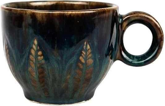 Ceramic Espresso Cup 5 oz, Stoneware Demitasse Coffee Mug with Handle, Artisan Reactive Glaze Texture, Small Latte Cappuccino Tea Cup, Microwave & Dishwasher Safe, Teal Brown, Pack of 10
