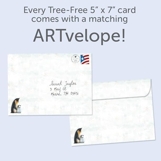 Tree-Free Greetings - Season's Greetings Greeting Cards - Artful Designs - 12 Cards + Matching Envelopes - Made in USA - 100% Recycled Paper - 5"x7" - Peaceful Penguins (HP60644)
