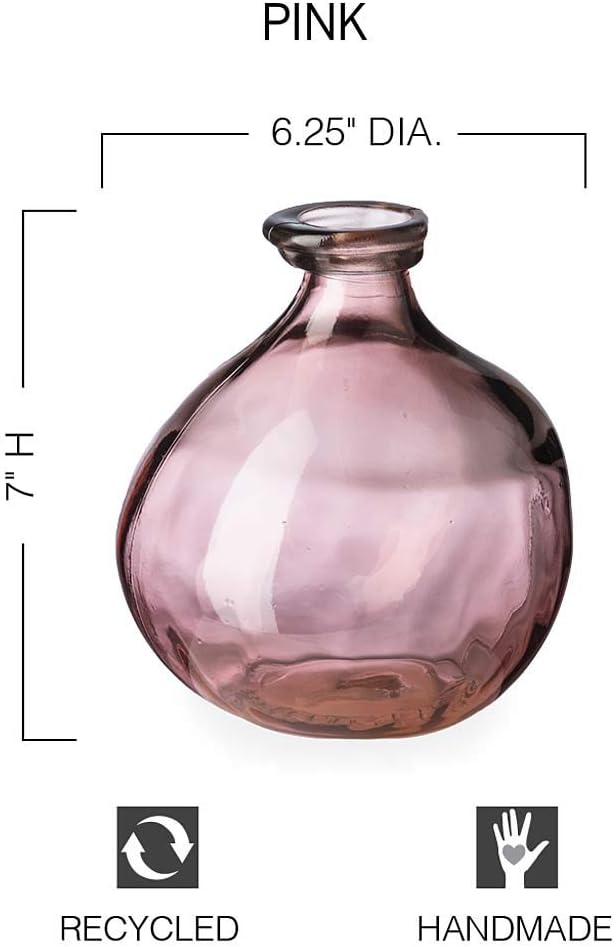 VivaTerra Recycled Round Glass Balloon Vase – Handblown Glass Vases for Centerpieces – Unique Organic Shape in a Delicate Pink Color – Sustainable and Unique Home Decor (7" H x 6.25" Dia.)
