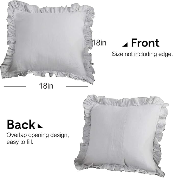 100% French Linen Throw Pillow Covers - Set of 2 - Washed Flax Decorative Ruffled Square Cushion Cover Solid Color Soft Breathable - Grey, 18'' x 18''