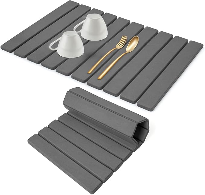 Large Stone Dish Drying Mat for Kitchen Counter – Collapsible Quick Drying Dish Mats | Versatile Dish Stone Drying Mat for Cups Dishes Bottles | Non-Slip Kitchen Sink Mat | (23″ × 15.5″) Dark Grey