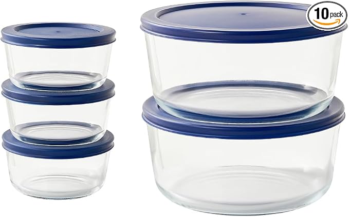 10-Piece Glass Food Storage Containers Set (5 Containers + 5 BPA-Free Lids) | 2-Cup & 6.5-Cup, Leakproof | Microwave, Freezer, Oven & Dishwasher Safe | Ideal for Meal Prep & Pantry Organization, Blue