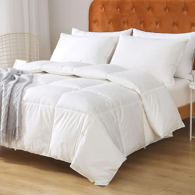 Feathers Down Comforter California King - 100% Organic Cotton Quilted Medium Warm All Seasons Duvet Insert or Stand-Alone Comforter (104x96, Ivory White)