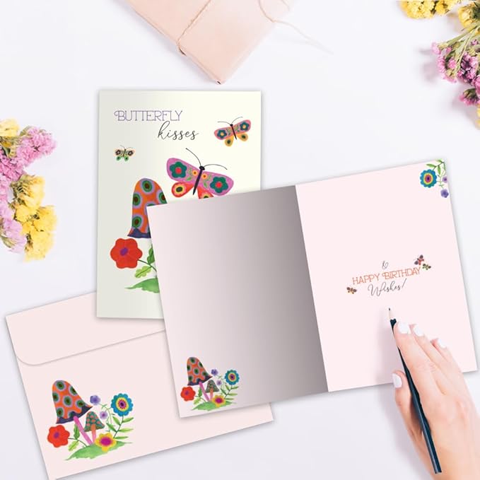 Tree-Free Greetings - Birthday Cards - Artful Designs - 2 Cards + Matching Envelopes - Made in USA - 100% Recycled Paper - 5 x 7 - Butterfly Kisses (GT65296)