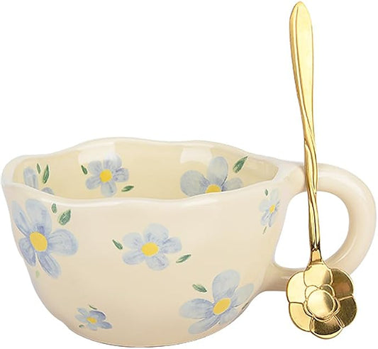 Cute Coffee Mug,Ceramic Tea cup,Kawaii coffee mugs,Handmade Creative Flower Pink mug with Spoon,Aesthetic mugs for milk Cappuccino Cocoa,8.5 oz Cheery Mug Gift for Women Christmas (Blue)