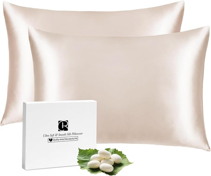 Silk Pillow Cases 2 Pack for Hair and Skin, Ravmix Cooling Pillow Cases Both Sides Mulberry Silk Pillowcases Set of 2 with Hidden Zipper, Queen Size 20×30inches, Cream Beige
