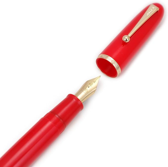 Jinhao 9019 DaDao Series Fountain Pen, Size 8 Medium Heartbeat Nib with Large Ink Converter, Bright Red Acrylic Design Smooth Writing Pen (Gold Trim)