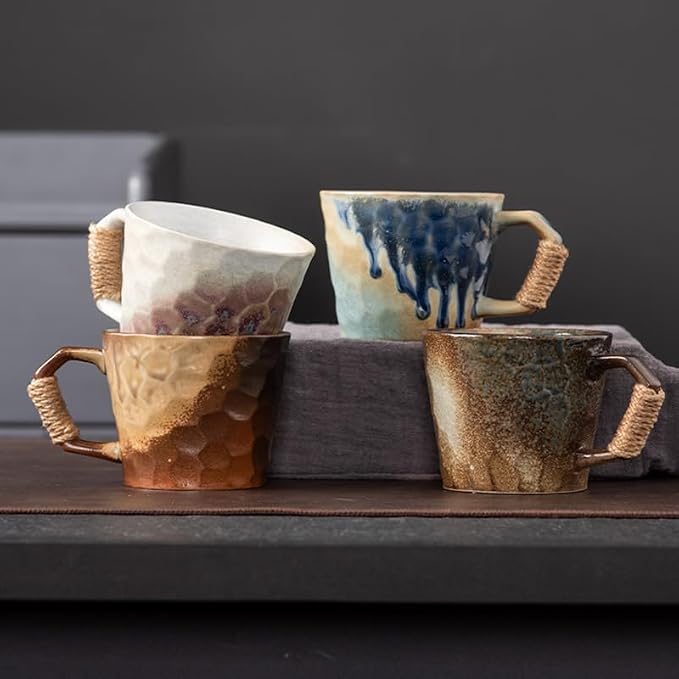 12oz retro Japanese pottery tea cup, handmade tea cup with comfy handle, retro ceramic mug with handle, lead-free reactive glaze, perfect for office & home (Beige)