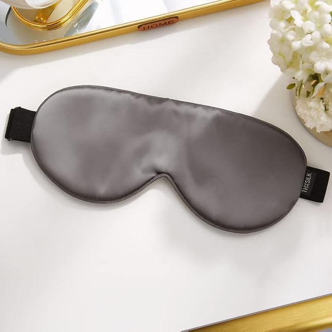 THXSILK Sleep Mask 100% 19 Momme Pure Mulberry Silk Super Smooth Cooling Sleep Eye Mask Blackout for Women/Man/Kids Eye Cover with Wide Head Strap Good Night Sleep Comfortable Travel and Nap, Charcoal