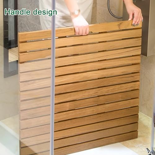 Teak Shower Mat Foldable Luxury Wooden Non-Slip Wood Bath Mat for Bathroom Bathtub Indoor Outdoor,Teak Wood Shower Mat with Non Slip Feet and Handles Bamboo Bath Mat for Bathroom and Sauna W