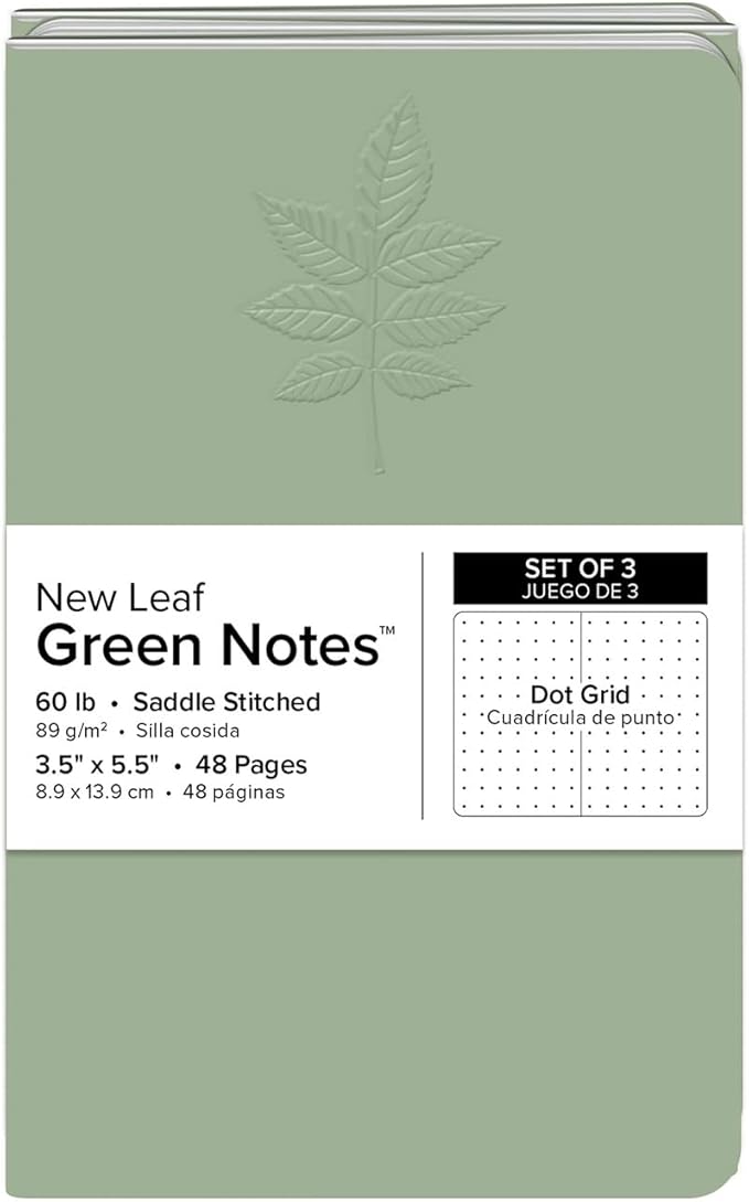 New Leaf Green Notes 100% Recycled Memo Books, 3-Pack Dotted Grid, 3.5" x 5.5", Ash Embossed Cover, Saddle Stitch, FSC Certified, Made in USA