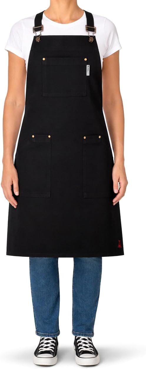 CatCora Kitchen Apron, Black, Heavyweight Cotton Canvas, Spill-Shedding Finish, Full Coverage, Fade-Safe, 3 Pockets, Unisex