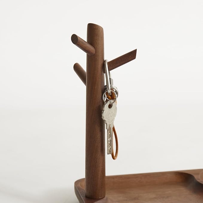 Black Walnut Solid Wood Key Dish Bowl for Entryway Table Square Tray With 3 Hooks, Open Storage for Keys, Wallet, Jewelry (Walnut, Rectangle)