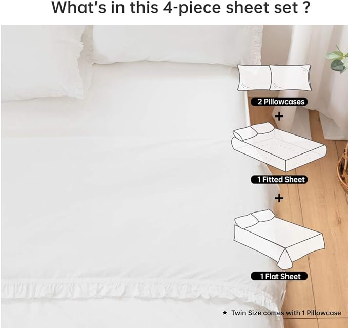Simple&Opulence 100% Cotton Sheet Set Ruffle- 4Pcs (1 Flat Sheet 1 Fitted Sheet 2 Pillowcases) Bed Sheets Soft French Country Shabby Chic Vintage Bedding Set Aesthetic Farmhouse (White, Full)