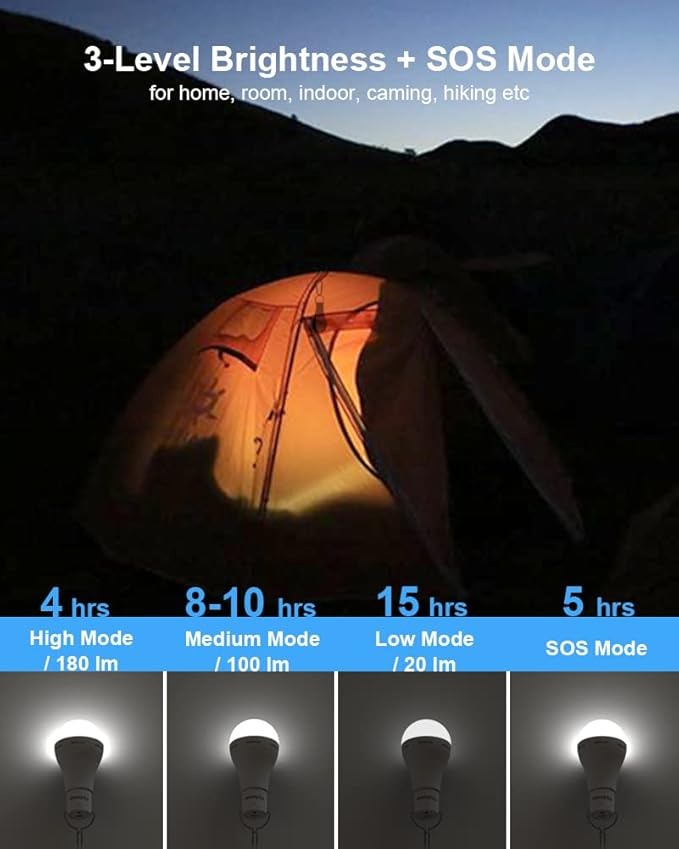 USB Rechargeable Light Bulbs with Remote, 4 Light Modes + Timer, 1200 mAh Rechargeable Battery, Portable LED Tent Light Bulbs for Home Emergency Camping Tent (Pack of 2)