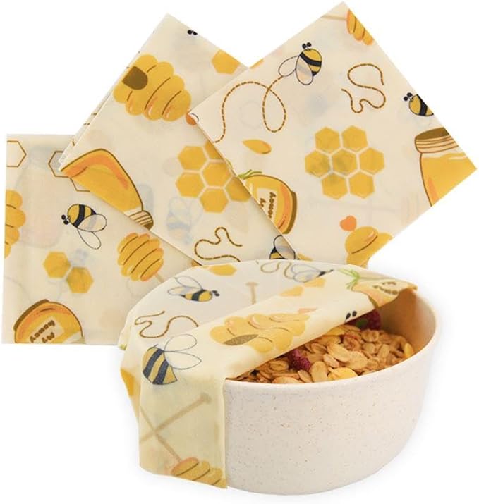 EKOH Reusable Beeswax Foodwraps (3 pk) Retro Bee Print - Bees Wax Wrap for Food - Eco Friendly Bee Wraps - Reusable Sandwich Wrap - Sustainable Organic Cotton Wraps (3 Honey Bee prints)