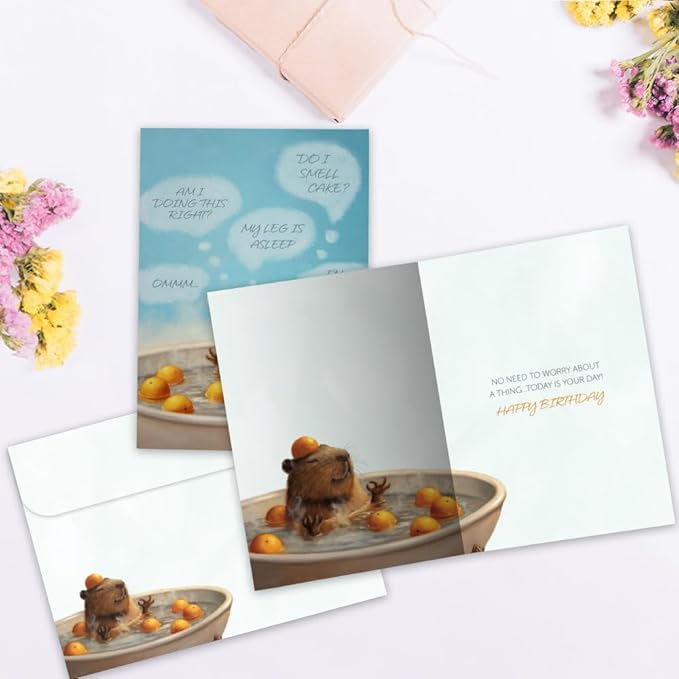 Tree-Free Greetings Relax and Chill Birthday Card - 1 Recycled 5x7 Card & Matching Envelope, Thick Cardstock, Made in USA - Meditative Capybara Art