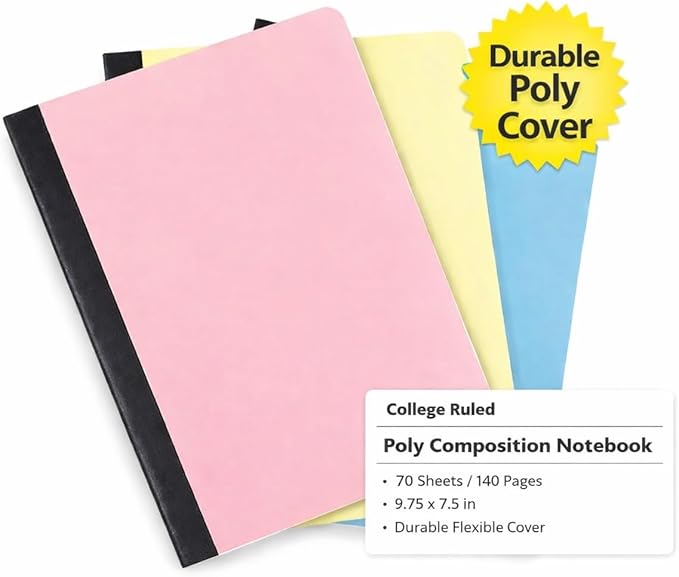 Mintra Office Poly Composition Book (3 Pack, Artic Ice, Sun Yellow, Spring Pink) - durable flexible quality writing notebook journal for school, business, notes, 7.5in x 9.75in, 70 College Ruled Sheets - 3 Pack