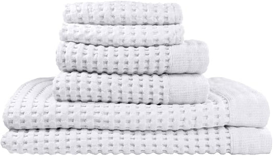 GILDEN TREE Waffle Towel Set Quick Dry Thin | 2 Bath Towels | 2 Hand Towels | 2 Washcloths, Modern Style (White)