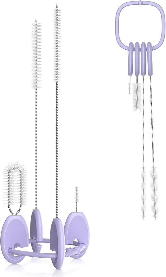 YOTIME 4in1 Straw Cleaner Brush Set, Reusable Standing Straw Brushs with Holder Ring, for Wide and Narrow Straws, Tumblers, Water Bottles and Cups, Purple